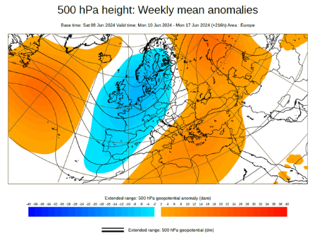 Fig. 2: geopotenziale e anomalia del geopotenziale a 500 hPa, mediati sulla settimana 10-17.6.2024.