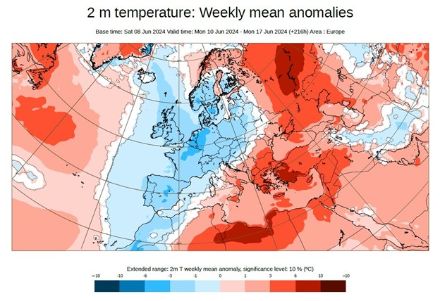 Fig. 4: anomalia della temperatura a 2 m, mediata sulla settimana 10-17.6.