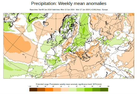 Fig. 5: anomalia delle precipitazioni, mediata sulla settimana 10-17.6.