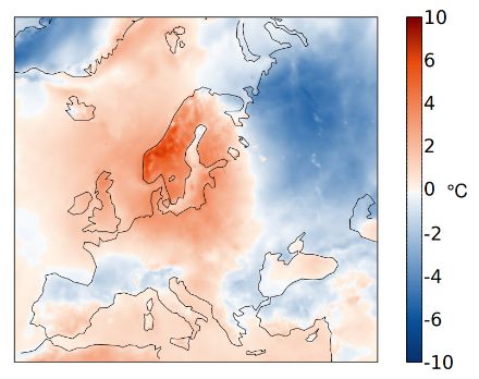 Mappa dell'Europa che mostra la distribuzione delle temperature nel mese di maggio.