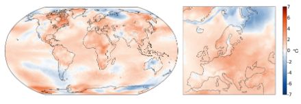 Mappa del mondo e mappa dell'Europa che mostra la temperatura stagionale da marzo a maggio.