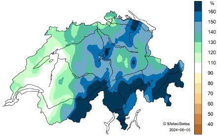 Mappa della Svizzera che mostra la distribuzione delle precipitazioni in primavera.