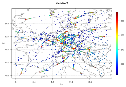 Un esempio dei dati usati per la stima dello stato iniziale: la temperatura [Kelvin] misurata dagli aerei di linea in volo sull’Europa centrale in un intervallo di 1 ora