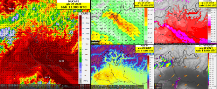 Fig. 2: diversi parametri convettivi utilizzati per valutare il potenziale temporalesco. Sono mostrate le previsioni per sabato 29.06.2024 alle 13 ora locale. Modello ICON 1E CTRL, corsa del 29.06.2024 06 UTC. 