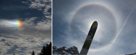 Il parelio (a sinistra, osservato in zona Albis-Hochwacht l’11 gennaio 2014) e l’anello di 22° attorno al Sole (a destra, osservato il 29 aprile 2015 nelle vicinanze di Glatten) sono i due tipi di aloni più frequenti. Il parelio si forma se la nuvola è composta da piastre esagonali, l’anello di 22° se nella nuvola vi sono prismi esagonali. Foto: Daniel Gerstgrasser. 