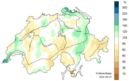 Distribuzione spaziale dei totali di precipitazione del mese di giugno 2024 (al 27 giugno), rappresentati come percentuale della norma 1991-2020.