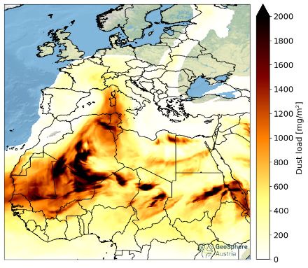 Concentrazione di polvere sahariana sull'intera colonna atmosferica prevista dal modello ZAMG (servizio meteorologico austriaco) intorno alle 14.00 di sabato 29 giugno.