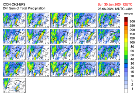 Accumuli di precipitazioni sulle 24 ore previsti dal modello ICON-2E, run del 28.06.2024 alle 12UTC (14 ora locale).