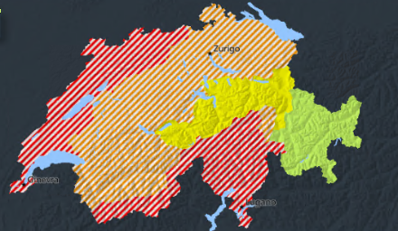 Fig. 5: cartina delle allerte di MeteoSvizzera, aggiornata ad oggi. 