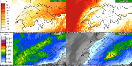 Fig. 2: "Riassunto meteo" dal nostro nuovo modello ICON-2E: durata del soleggiamento per sabato (a sinistra) e domenica (a destra) in alto, quantità di precipitazioni su 24 ore per sabato (a sinistra) e domenica (a destra) in basso. Viene mostrata la mediana dei 20 membri dell'ensemble, per cui i "picchi temporaleschi" estremi sono leggermente smorzati.