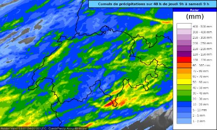 Carta con gli accumuli di precipitazioni (in mm) su 48 ore, da giovedì 11.7.2024 alle 9 a oggi, sabato 13.7.2024 alla medesima ora. 