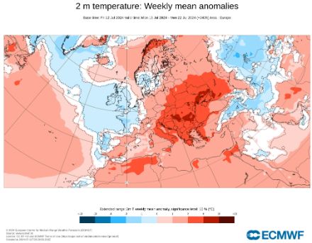 Anomalia della temperatura media (in °C) dal 15 al 22 luglio 2024. La prossima settimana le temperature saranno superiori alla norma nelle regioni rosse (ad esempio, fino a 4°C sopra la norma in Romania) e inferiori alla norma nelle regioni blu (ad esempio, 1°C sotto la norma nella Francia occidentale).