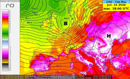 Mappa dell'altezza del geopotenziale a 500 hPa (contorni neri, in decametri, = pressione a circa 5800 m) e della temperatura massima (colori, in °C) prevista per martedì 16 luglio 2024.