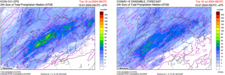 Figura 4: Mediane del modello ICON-CH1 e COSMO-1E per quanto riguarda l'accumulo di precipitazione fino a domani mattina.
