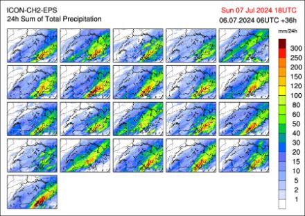 Fig. 1: Da modello ICON i 20 membri di calcolo (+1 di controllo) per gli accumuli di precipitazioni su 24 ore, entro domenica alle 20:00 ora locale. 
