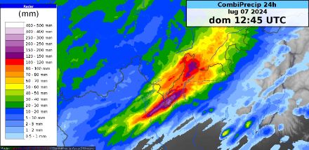 Fig. 1: Accumuli di precipitazioni sulle 24 ore, entro le 14:45 odierne