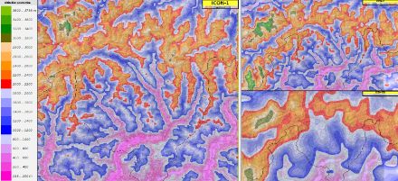 Figura 1: Orografia dei modelli ICON-CH1-EPS (sinistra, risoluzione spaziale 1,1 km), ICON-CH2-EPS (a destra in alto, risoluzione spaziale 2,2 km) e ICON-EU (a destra sotto, risoluzione spaziale di circa 7 km) sul Ticino.