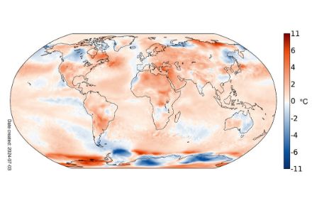 Fig. 3: Distribuzione della temperatura globale nel giugno 2024. Viene mostrata la deviazione (in °C) dalla norma 1991-2020. 
