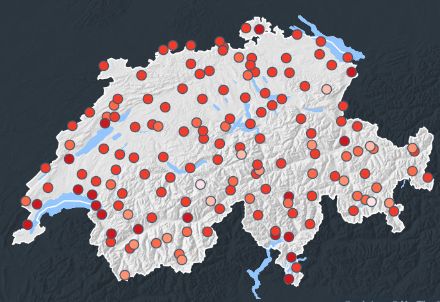 Fig. 5: La rete di stazioni di MeteoSvizzera che misurano giorno e notte la temperatura. 