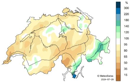 Fig. 4: Distribuzione spaziale dei totali di precipitazione del mese di luglio 2024 (al 29 luglio), rappresentati come percentuale della norma 1991-2020.