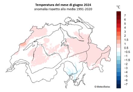 Fig. 2: Mappa della temperatura media del mese di giugno, rappresentata come anomalia rispetto alla media 1991-2020. Fonte: MeteoSvizzera.