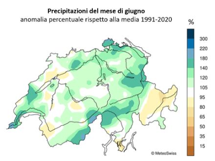 Fig. 4: Mappa dei quantitativi di precipitazione mensile di giugno 2024, rappresentati come percentuale della norma 1991-2020. Fonte: MeteoSvizzera.