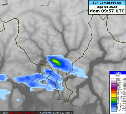 Accumulo di pioggia sulle 12 ore, combinazione di radar e stazioni al suolo. In realtà la pioggia è caduta in meno di mezz’ora, fra le 5:30 e le 6 di domenica mattina 