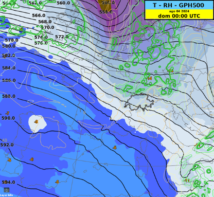 Campo di geopotenziale e temperatura a 500 hPa (circa 5800 m) simulato dal modello IFS ECMWF alle 2 della scorsa notte 