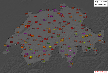 Massime giornaliere fino al termine della redazione alle 17:30. A Biasca è stata misurata una massima di 35,8 gradi. Questa è anche la temperatura più alta dell'estate 2024 finora.
