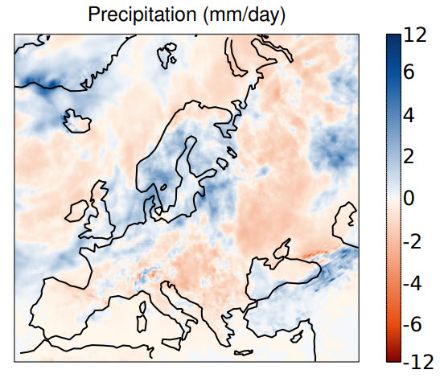 Figura 4. Anomalia mensile delle precipitazioni nel luglio 2024 in Europa, rappresentata in millimetri/giorno. Fonte: Copernicus