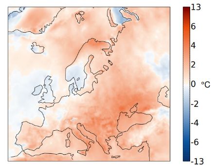 Figura 2: Distribuzione spaziale della temperatura nel luglio 2024 in Europa. È indicata la deviazione (in °C) dalla norma 1991-2020. Fonte: Copernicus 