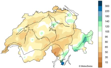 Figura 5: Distribuzione spaziale dei totali di pioggia nel luglio 2024, rappresentati in % della norma 1991-2020.