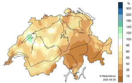 Fig. 3: Distribuzione spaziale dei totali delle precipitazioni dell'agosto 2024 (al 29.08.2024), indicata in percentuale della norma 1991-2020.