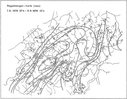 Fig. 1: Distribuzione delle precipitazioni del 7 agosto 1978, stimata sulla base delle misure dei pluviometri manuali (dal rapporto di MeteoSvizzera).