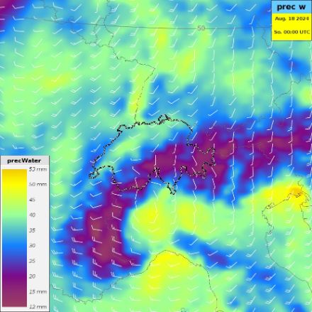 Fig. 1: Acqua precipitabile (Precipitable Water) sulla Svizzera e nelle regioni adiacenti. Sovrapposte troviamo le cosiddette “barbule del vento” che indicano la direzione e la velocità delle correnti ad una quota di circa 3000 metri. Sia a nord che a sud delle Alpi è presente aria con un contenuto d'acqua molto elevato, da 30 a 40 mm.