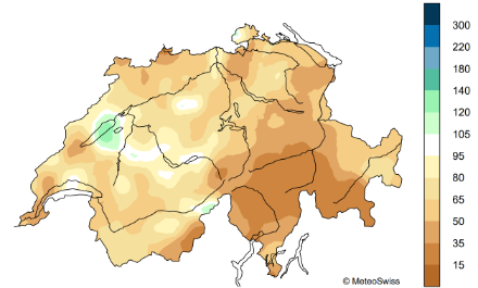 Fig. 5: Distribuzione spaziale delle precipitazioni di agosto 2024 in Svizzera, rappresentate come percentuale della norma 1991-2020. 
