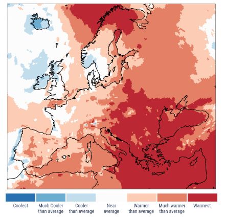 Fig. 4: anomalia della temperatura media dell’estate sull’Europa rispetto alla norma 1991-2020.  I colori rappresentano una classificazione dell’anomalia basata sui percentili della distribuzione 1979-2024. 