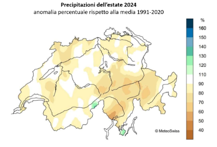 Fig. 2: Totale di precipitazione dell’estate 2024 in Svizzera, rappresentato come anomalia rispetto alla norma 1991-2020. Fonte: MeteoSvizzera.