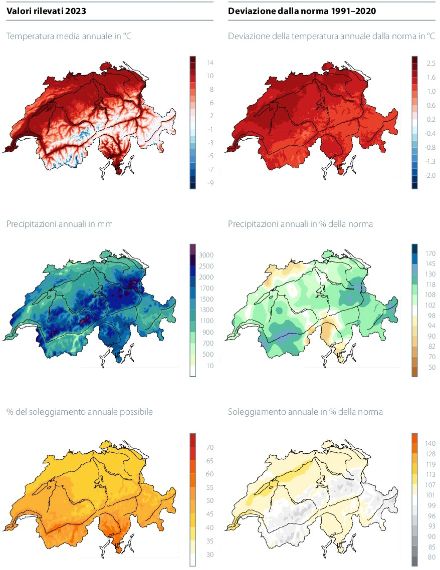 Mappe della Svizzera con informazioni a colori sulla temperatura media annua, sul totale delle precipitazioni e sulla durata del soleggiamento.