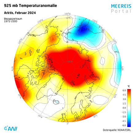 Mappa dell'anomalia della temperatura nell'Artico in febbraio 2024
