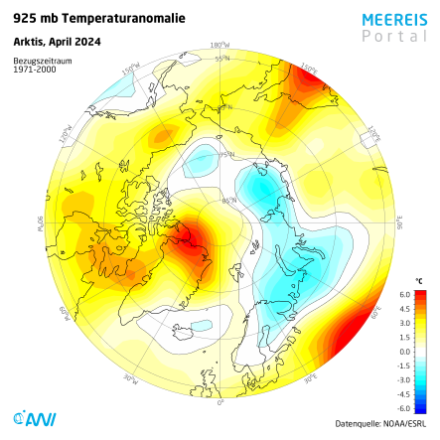 Mappa dell'anomalia della temperatura nell'Artico in aprile 2024