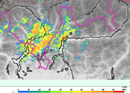 Fig. 7: Probabilità di grandine (percentuale) stimata da radar il 27 settembre. 