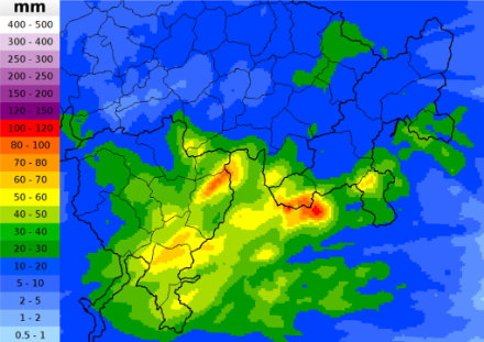 Fig. 4. Accumuli di pioggia fra le 12 UTC del 26 settembre e le 00 UTC del 27 settembre, le 12 ore nelle quali si sono stati rilevati i valori più elevati, secondo l’algoritmo CombiPrecip (combinazione di misure pluviometriche e radaristiche).