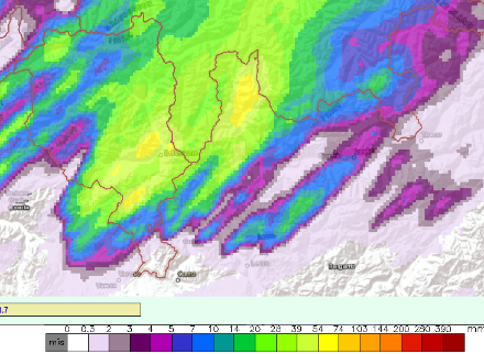 Fig. 6: Accumulo di precipitazioni fra le 13 UTC del 26 e le 01 UTC del 27 settembre, durante la seconda fase dell'evento. Stime di CombiPrecip.