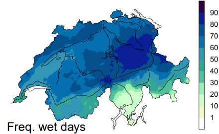 Frequenza di precipitazioni [%] per totali giornalieri di almeno 1 mm nel caso di correnti ciclonali da nordovest autunnali nel periodo 1961-2010 (200 casi considerati).