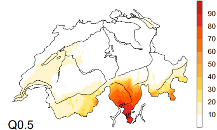 Mediana della durata relativa del soleggiamento [%] nel caso di correnti da nordovest ciclonali, nel periodo autunnale tra il 1981 e il 2010 (la metà dei 121 casi mostra meno ore di sole rispetto a quelle registrate oggi a sud delle Alpi). 