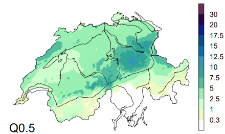 Mediana delle precipitazioni giornaliere [mm] nel caso di correnti nordoccidentali ciclonali in autunno nel periodo 1961-2010 (la metà dei 200 casi ha quantità inferiori rispetto a quelli rilevati oggi a nord delle Alpi).