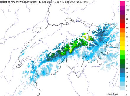 Fig. 3: Accumuli di neve su 24 ore, entro oggi 13 settembre 14:40