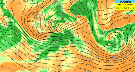 Fig. 1: Carta in previsione che raffigura i campi di umidità e di geopotenziale a 500 hPa calcolati dal modello ECMWF-Hres per martedì 1. ottobre alle 18:00. Le zone verdi mostrano le aree più umide. Le linee nere (che si possono considerare come la pressione prevista a circa 5500 m di quota) si avvicinano fra loro sopra la Svizzera, il che indica la presenza di una corrente a getto proprio sopra il nostro Paese. 