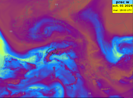 Fig. 2: Carta che rappresenta i quantitativi di acqua "precipitabile", calcolata dal modello ECMWF-Hres per martedì 1.10.2024 alle 18:00. Più il colore tende al blu-verde, più acqua precipitabile è presente nella massa d'aria. 